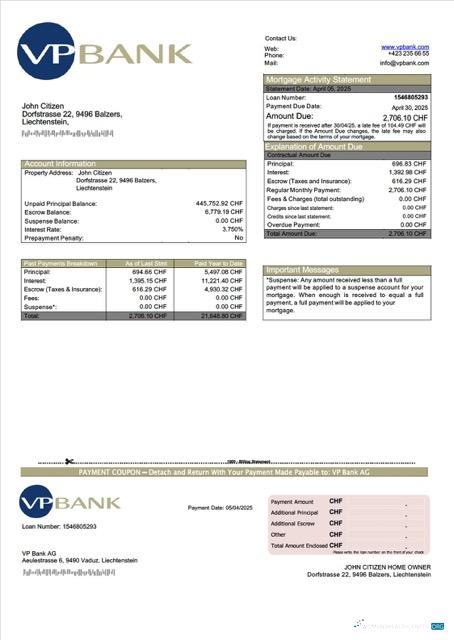 Download Liechtenstein VP Bank AG mortgage statement Word and PDF template Photoshop template